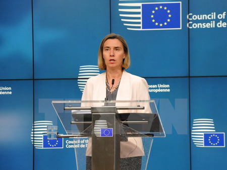 Đại diện cấp cao về chính sách an ninh và đối ngoại của EU, bà Federica Mogherini, phát biểu tại buổi họp báo.